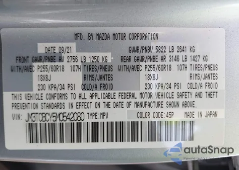 2021 Mazda Cx-9 Touring from USA, damaged, VIN JM3TCBCY5M0542080